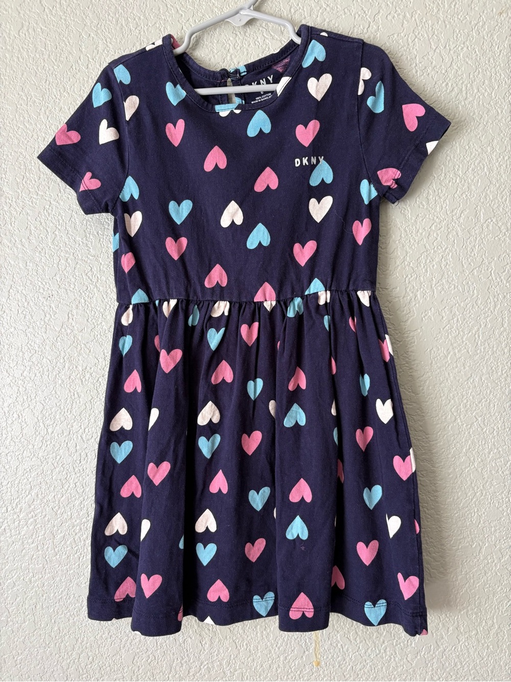 DKNY Navy Heart-Print Girls' Dress with Pink, Blue & White Hearts